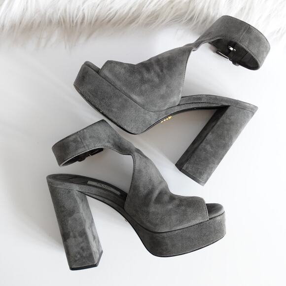 Prada Grey Suede Cutout Suede Peep Toe Platform Sandals - Picture 4 of 12